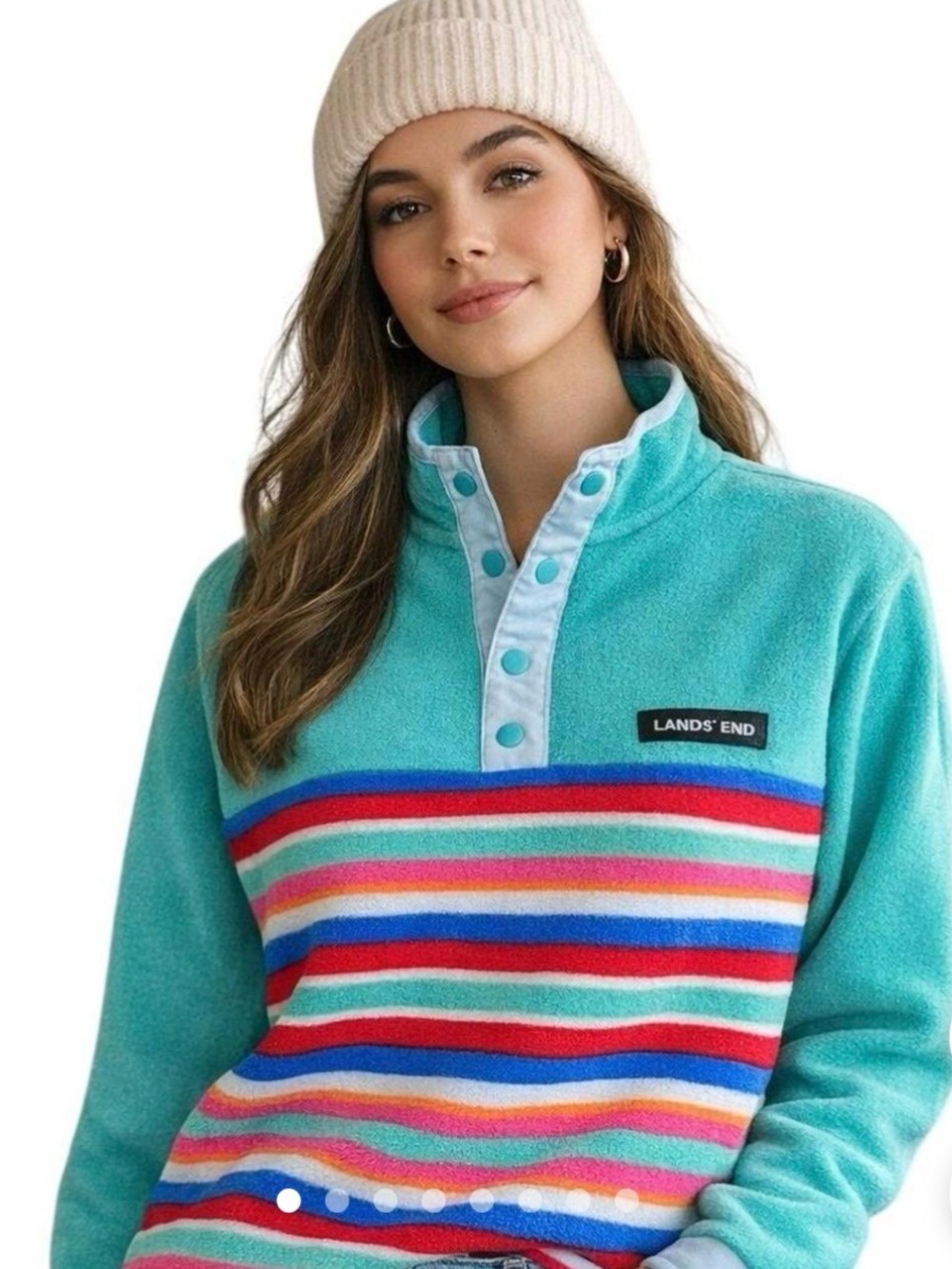 Lands' End Heritage Fleece pullover Top aqua striped sz 14 P